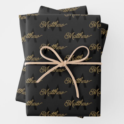 Black and Gold Typography Add Name  Monogram Mens Wrapping Paper Sheets
