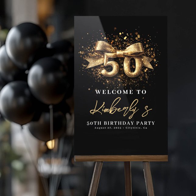 Black And Gold Typography Fifty 50th Birthday Acrylic Sign (50th birthday welcome sign black and gold acrylic)