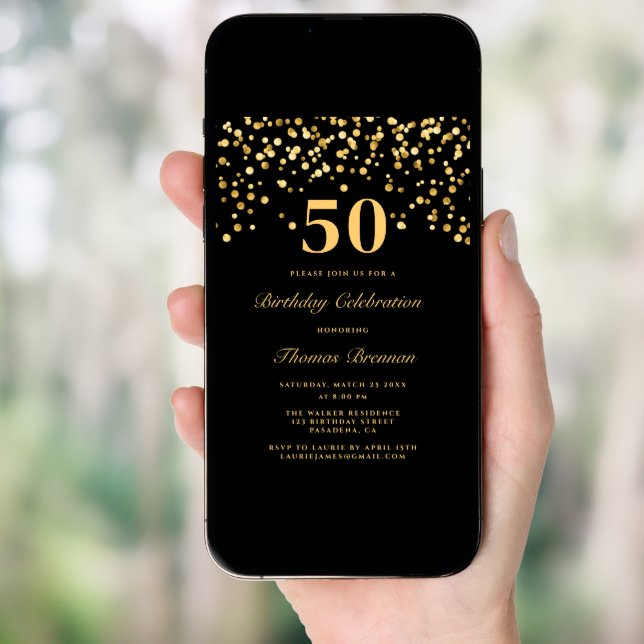 Black And Gold Typography Fifty 50th Birthday Invitation (Front Digital)
