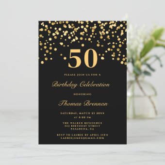 Black And Gold Typography Fifty 50th Birthday Invitation 