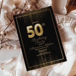 Black And Gold Typography Fifty 50th Birthday Invitation