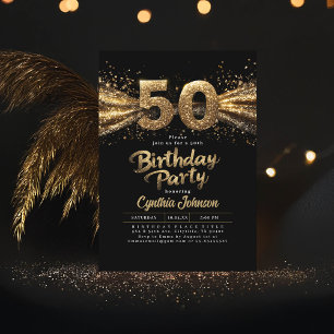 Black And Gold Typography Fifty 50th Birthday Invitation