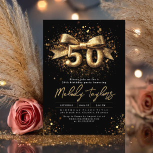 Black And Gold Typography Fifty 50th Birthday Invitation