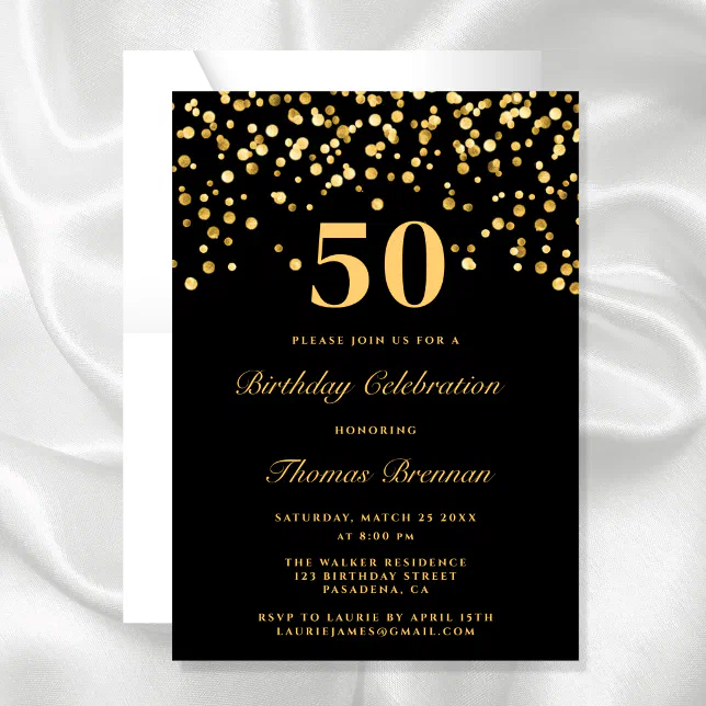 Black And Gold Typography Fifty 50th Birthday Invitation 