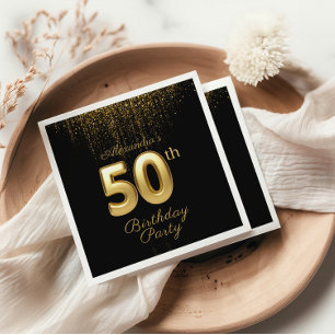 Black And Gold Typography Fifty 50th Birthday Napkins