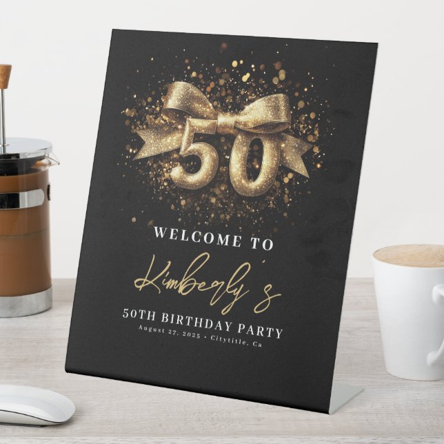 Black And Gold Typography Fifty 50th Birthday Pedestal Sign (In SItu)