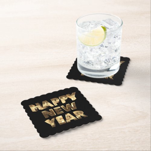 Black and Gold Typography Happy New Year Paper Coaster