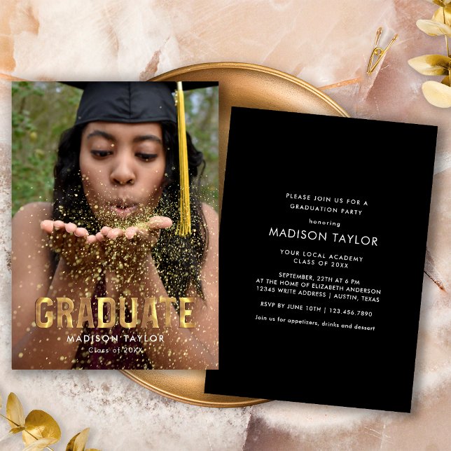 Black and Gold Typography Photo Graduation Party Invitation (Creator Uploaded)