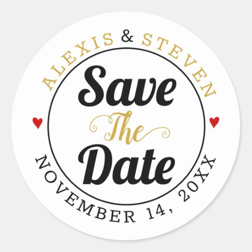 Black and gold typography red hearts Save the Date Classic Round Sticker