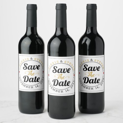 Black and gold typography red hearts Save the Date Wine Label