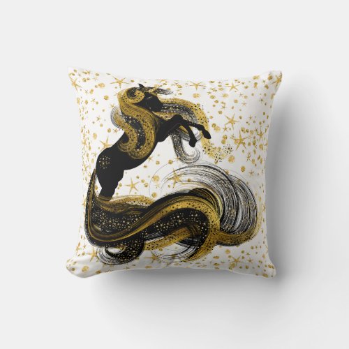 Black and Gold Unicorn with Gold Stars Throw Pillow