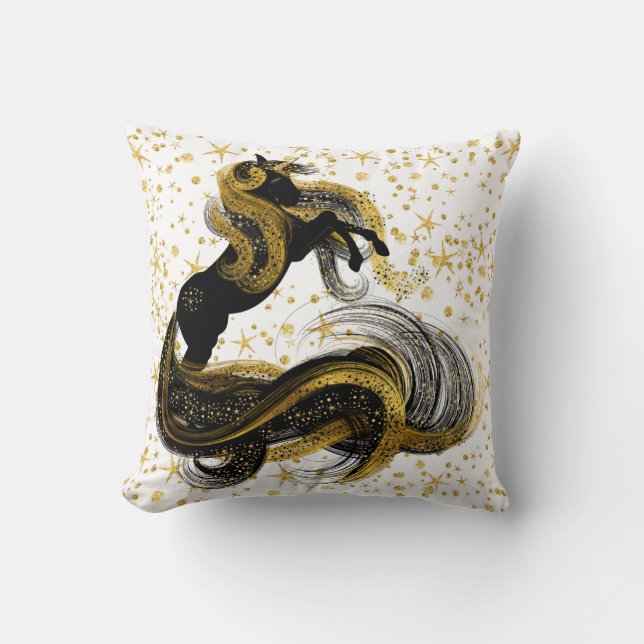 Black and Gold Unicorn with Gold Stars Throw Pillow (Front)