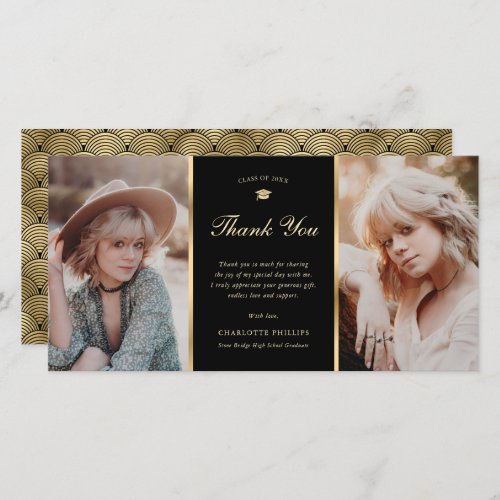Black and Gold Vintage 2 Photo Graduation Thank You Card