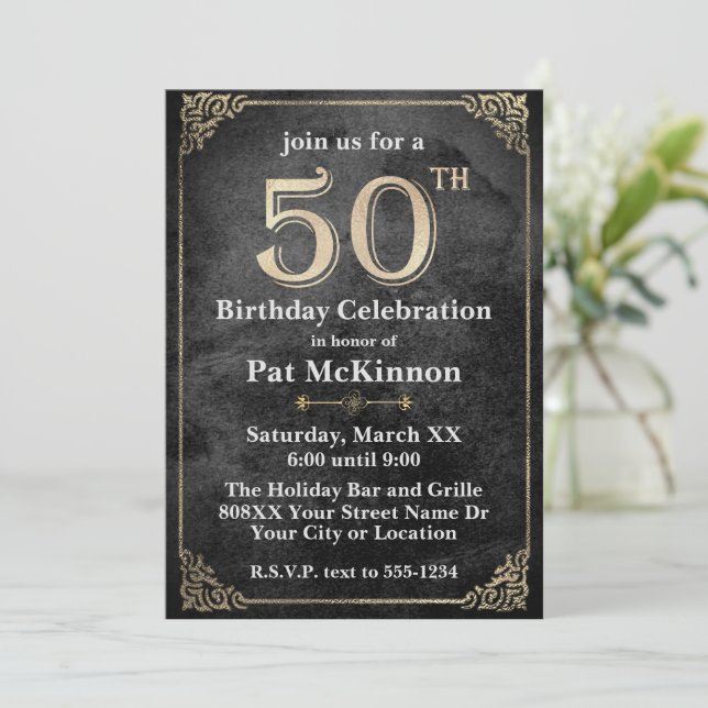 Black and Gold Vintage 50th Birthday Invitation (Standing Front)