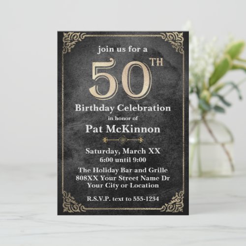 Black and Gold Vintage 50th Birthday Invitation
