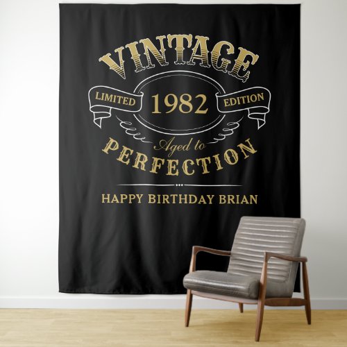 Black And Gold Vintage Aged To Perfection Birthday Tapestry