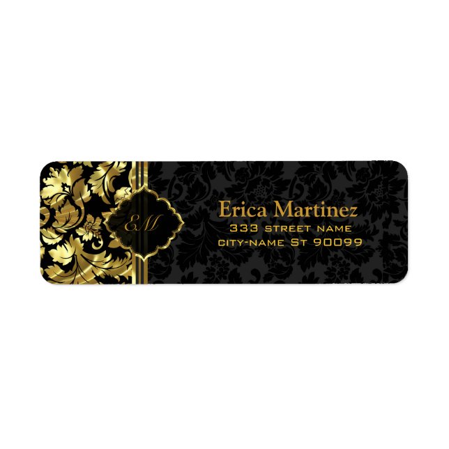 Black And Gold Vintage Floral Damasks Label (Front)
