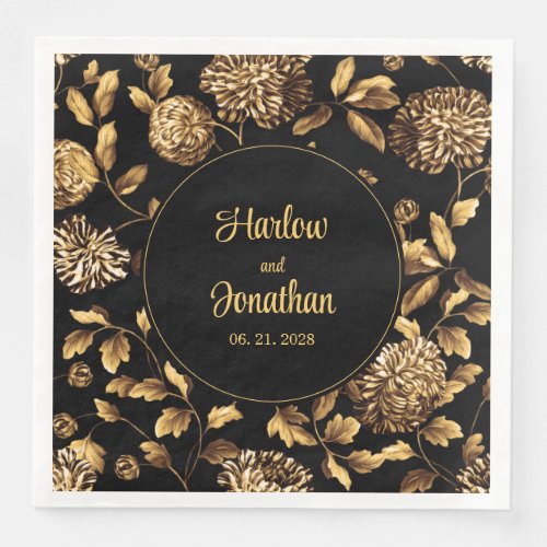 Black And Gold Vintage Floral Vine Wedding Paper Dinner Napkins