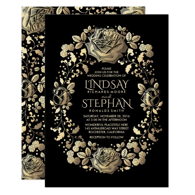 Black And Gold Vintage Floral Wreath Wedding Invitation