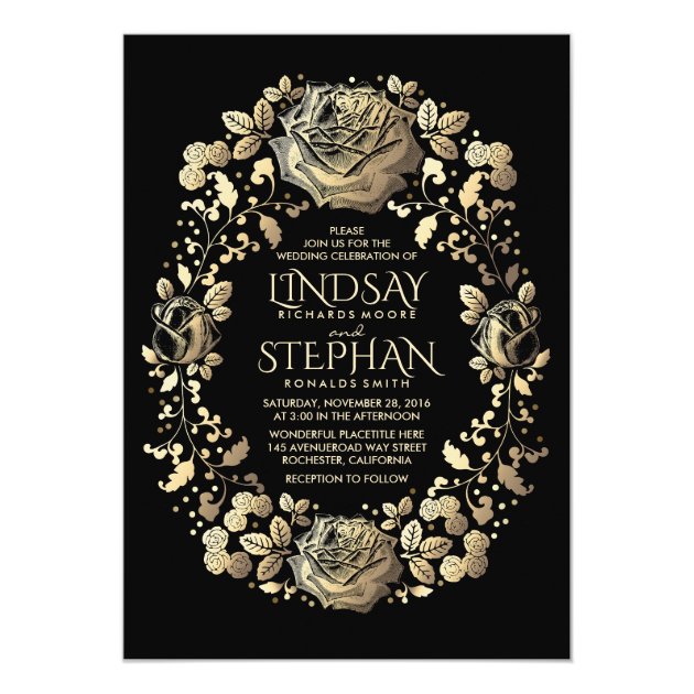 Black And Gold Vintage Floral Wreath Wedding Invitation