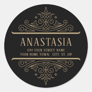 Black and Gold Vintage Gothic Swirls Address Classic Round Sticker