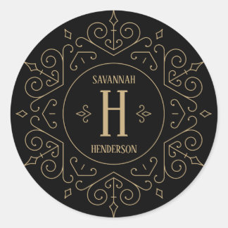 Black and Gold Vintage Gothic Swirls Monogram Classic Round Sticker