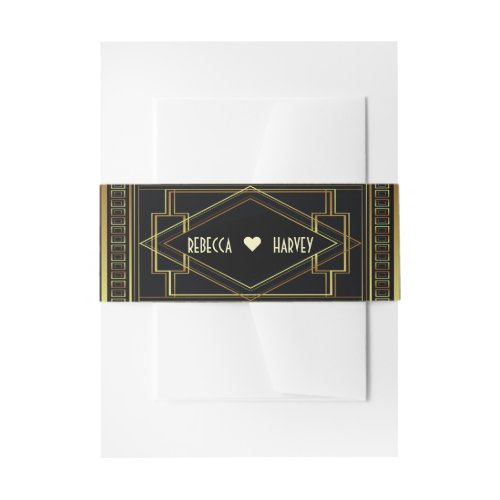 black and gold vintage great gatsby wedding invitation belly band