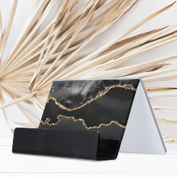 black and gold watercolor agate  desk business card holder