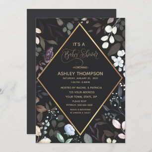 Black and Gold Watercolor Floral Baby Shower Invitation