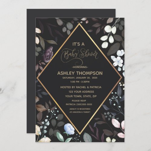 Black and Gold Watercolor Floral Baby Shower     Invitation
