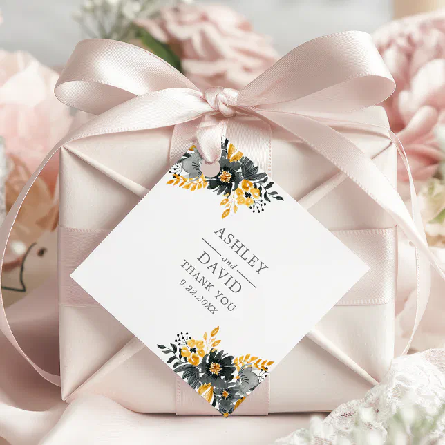 Black And Gold Watercolor Floral Flowers Wedding Favor Tags | Zazzle