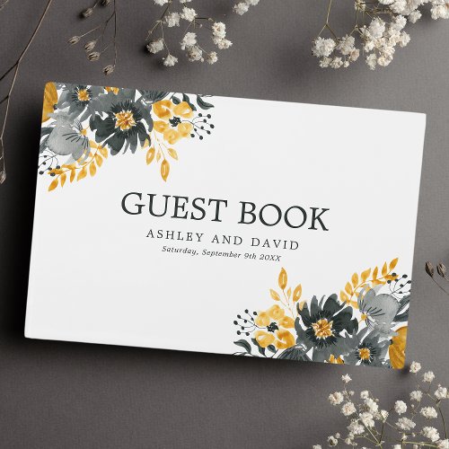 Black And Gold Watercolor Floral Flowers Wedding Guest Book