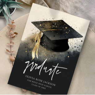 Black and Gold Watercolor Graduate Cap Graduation Announcement