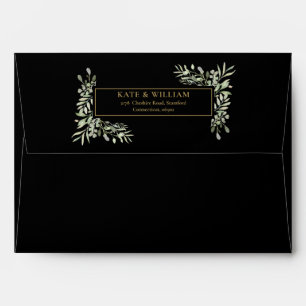Black And Gold Watercolor Greenery Return Address Envelope