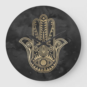 Black and gold watercolor hamsa hand of Fatima Large Clock