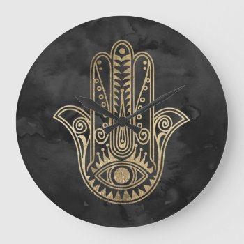 Black And Gold Watercolor Hamsa Hand Of Fatima Large Clock by pink_water at Zazzle