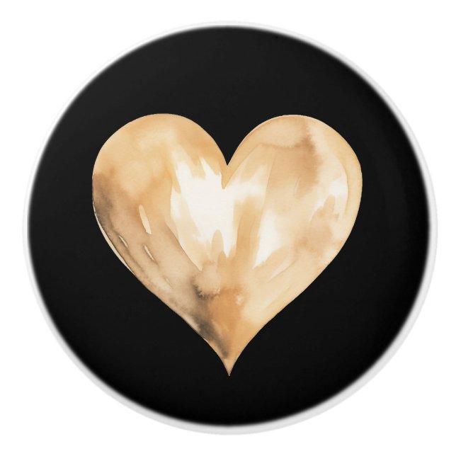 Black and Gold Watercolor Heart Ceramic Knob (Front)