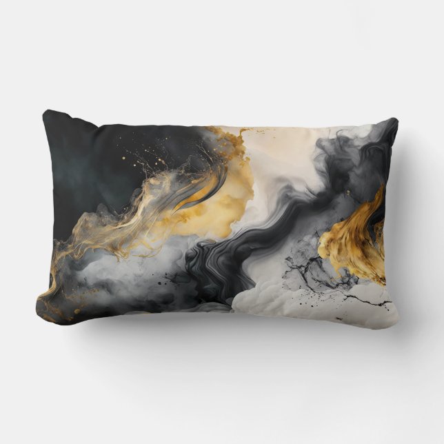 Black and Gold Watercolor Marble Lumbar Pillow (Front)