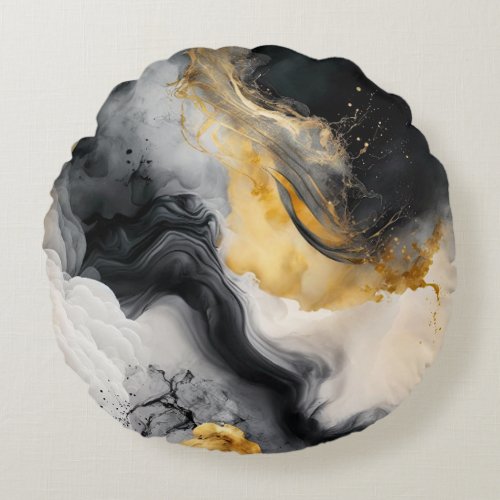 Black and Gold Watercolor Marble Round Pillow