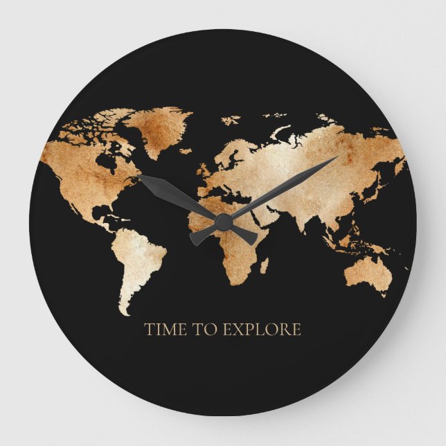 Black and Gold Watercolor World Map  Large Clock (Front)