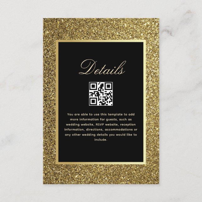 Black and  Gold Wedding Details QR Code Enclosure Card (Front)