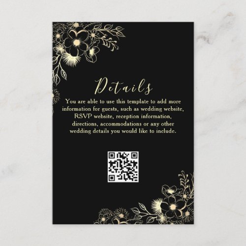 Black and Gold Wedding Details QR Code Enclosure Card