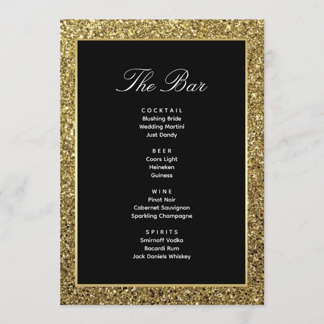 Black and Gold Wedding Drink Bar Menu Card (Front)