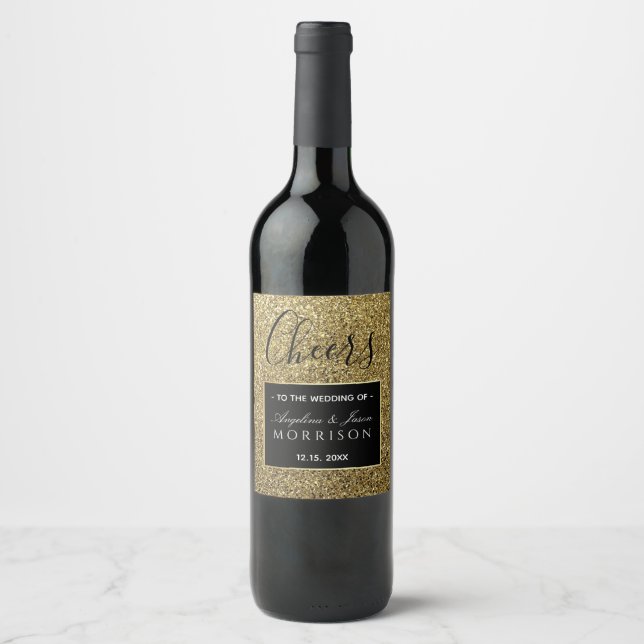 Black And Gold Wedding Favor Wine Label (Front)