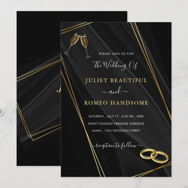 Black and Gold Wedding Invitation Rings Champagne (Front/Back)