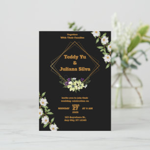 Black and gold wedding invitation with flowers