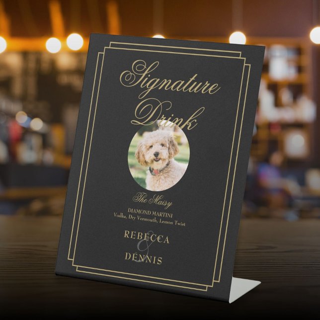 Black And Gold Wedding Pet Signature Drink Pedestal Sign (Black And Gold Wedding Pet Signature Drink Pedestal Sign)