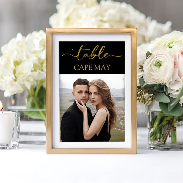 Black and Gold Wedding Photo Table Number Cards (Black and Gold Wedding photo table number card mockup)