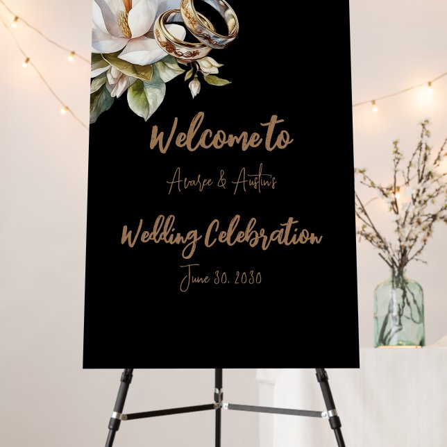 Black and Gold Wedding Rings and White Flowers Foam Board (In Situ (Stand))