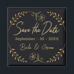 Black and Gold Wedding Save the Date Magnet<br><div class="desc">Announce your special day with this beautifully hand-drawn Save the Date magnet, designed with care by Aliss at home in rural Ireland. Featuring delicate gold leaves and a charming floral accent, this magnet is a perfect keepsake for couples seeking a touch of elegance. Each design is digitally painted to bring...</div>